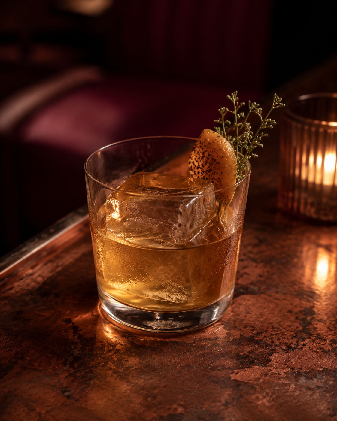 Amber mezcal cocktail with citrus on a copper bar