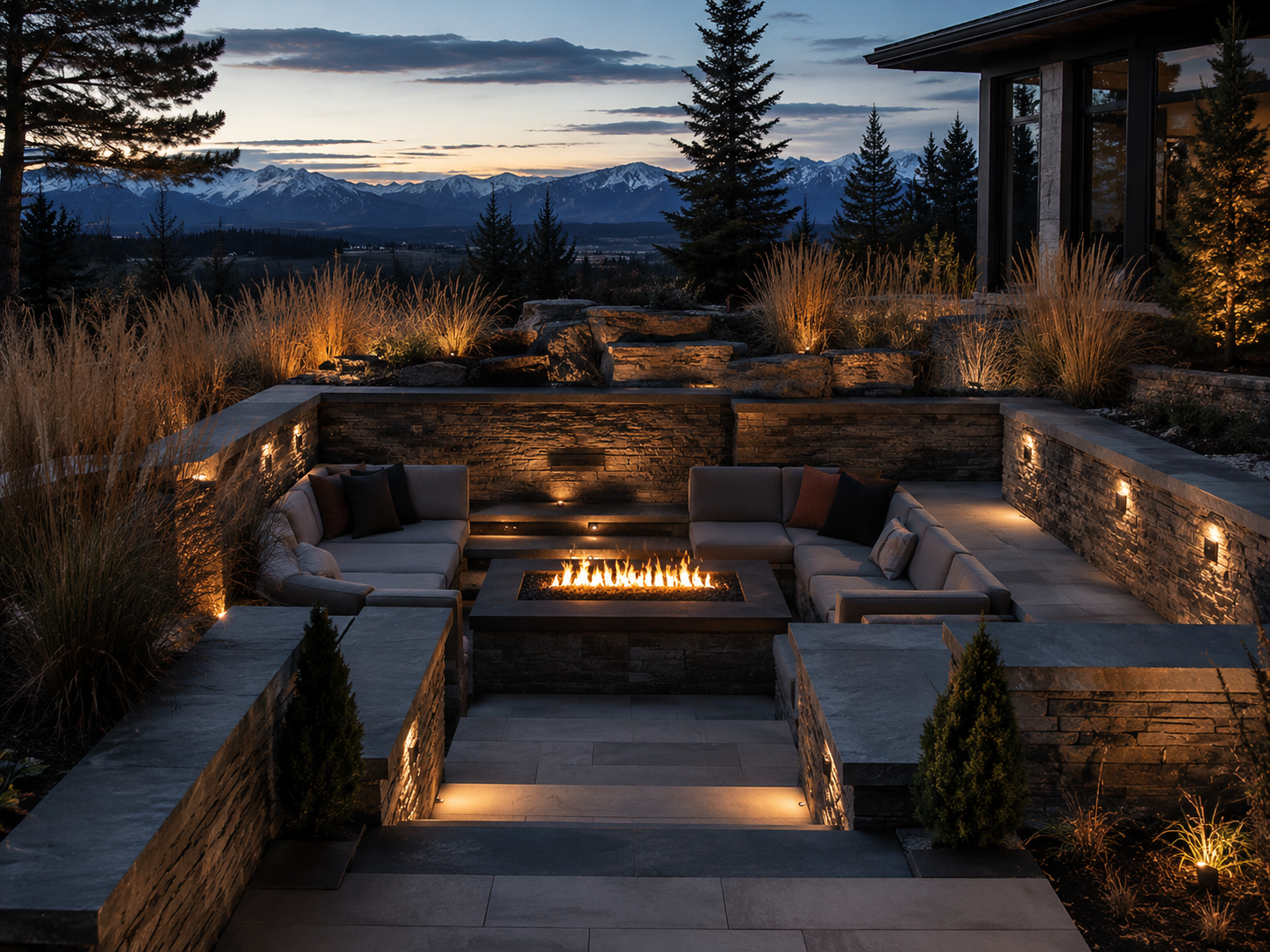 Evening landscape with a sunken fire lounge and integrated lighting